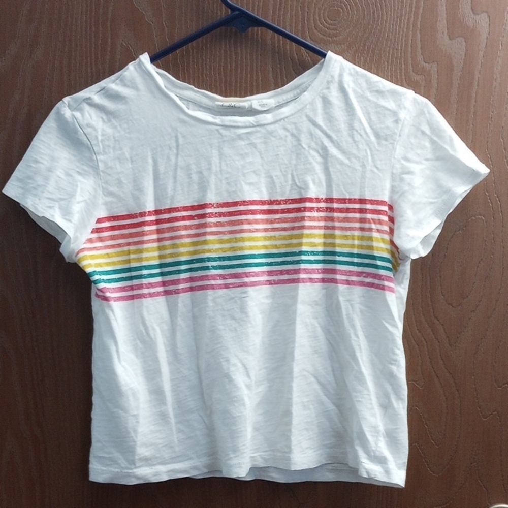 White Cropped T-Shirt with Rainbow Stripes Size S